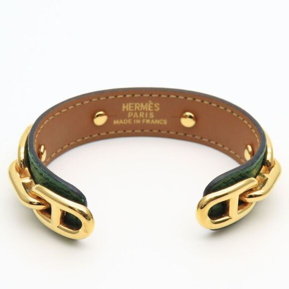 Hermes Bangle Chaine D'ancre Leather Metal Green Gold Plated GP Accessory - Picture 4 of 9